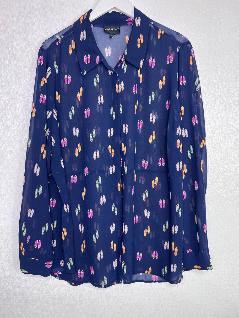 LANE BRYANT Navy Blue Sheer Button Front Top Ballerina Flat Shoe Print Sz 22/24